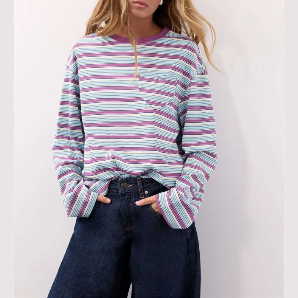 Lilac Purple / Blue Striped Heart Patch Long Sleeve Crew Neck Top